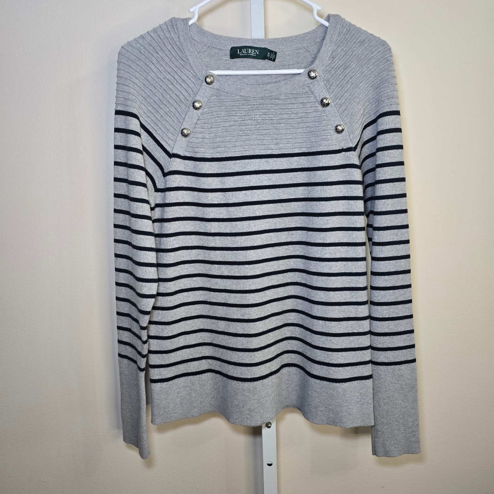 Lauren Ralph Lauren Grey Striped Button Shoulder Knit Sweater Xl Womens Ribbed